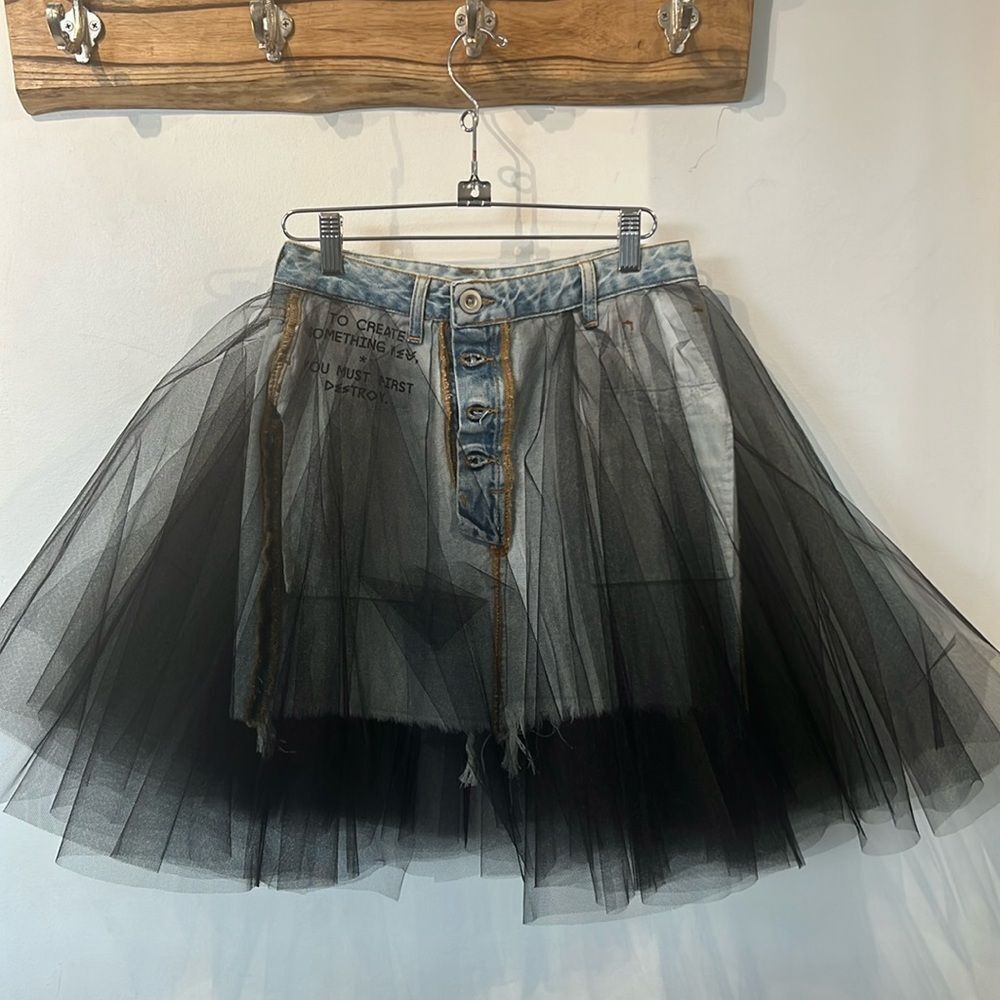 UNRAVEL PROJECT black ruffle tulle overlay blue inside out denim skirt 25"